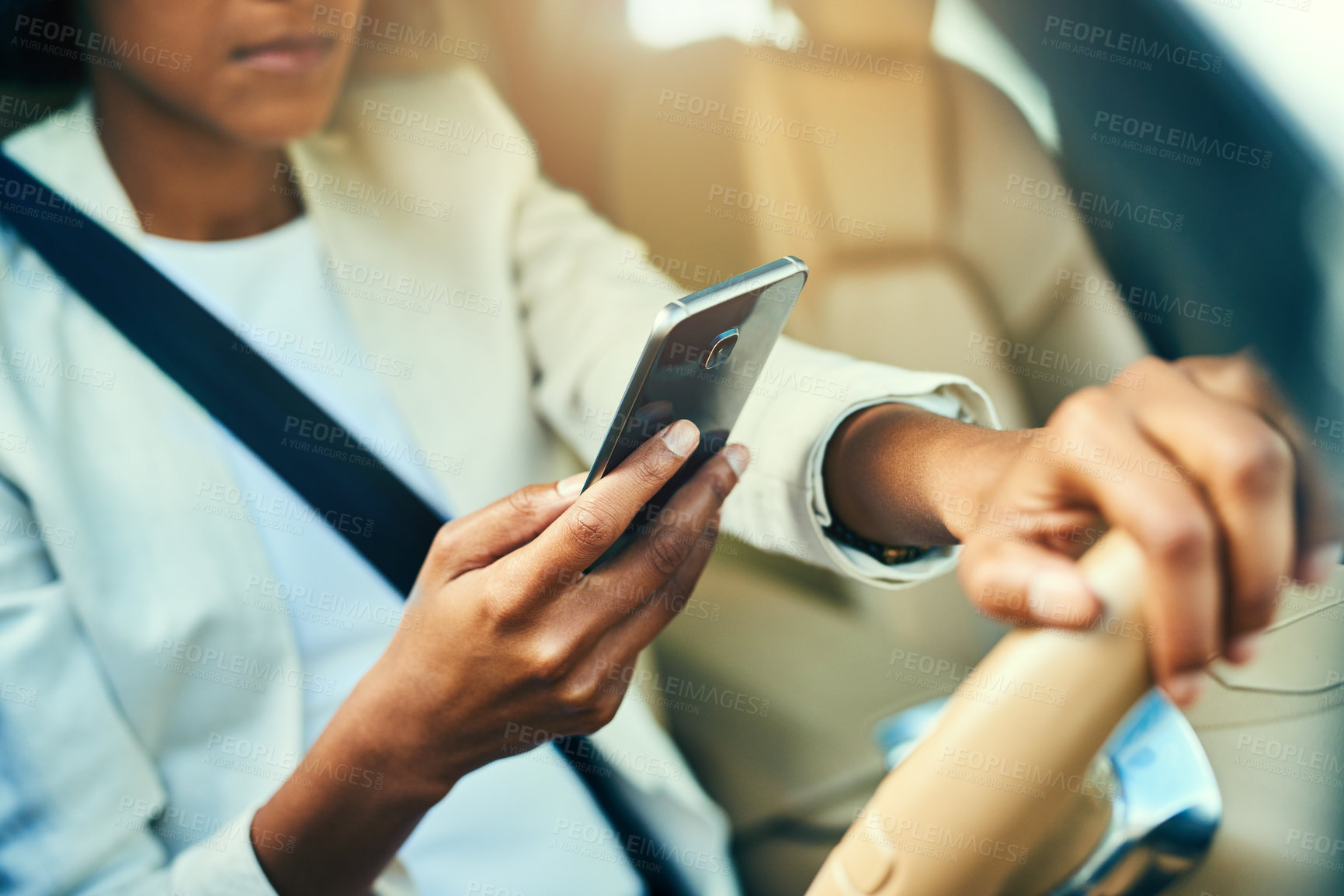 Buy stock photo Hands, phone and woman with texting and drive for navigation and online map in motor. Travel, transportation and driver with journey planning and mobile for direction of vehicle for morning commute