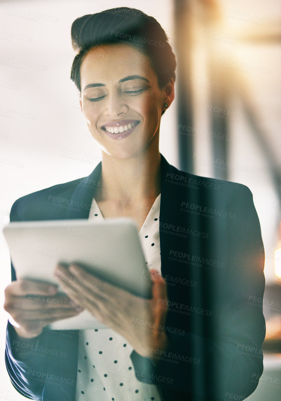 Buy stock photo Office, woman and happy with tablet for email with good news or communication and networking. Female person, employee and smile or satisfied with results or report to trading and stock exchange