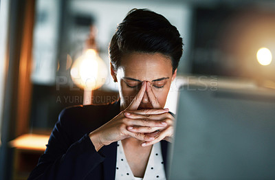 Buy stock photo Stress, headache and night with business woman in office for burnout, tired and glitch. Anxiety, mental health and exhausted with female employee at computer for 404, mistake and problem