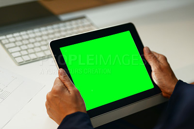 Buy stock photo Closeup shot of an unrecognizable businesswoman using a digital tablet with a green screen in an office