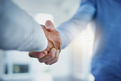 Buy stock photo Business people, handshake and clients in meeting, insurance agent welcome and introduction, agreement or success. Professional men shaking hands for thank you, hiring interview or partnership deal