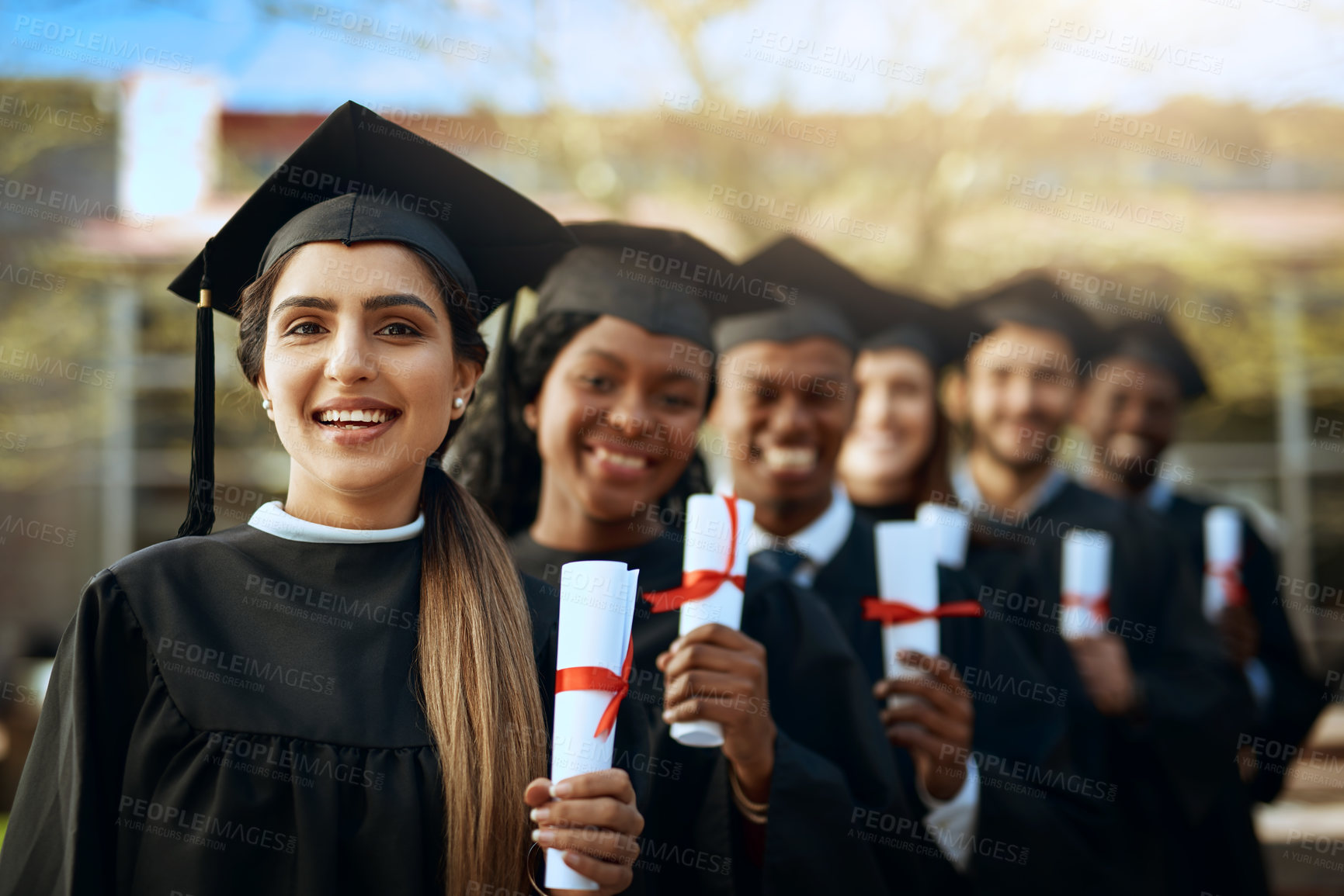 Buy stock photo Portrait, group and students with diploma for graduation celebration, education achievement and success. Smile, people and certificate, graduate together and learning goals for university ceremony