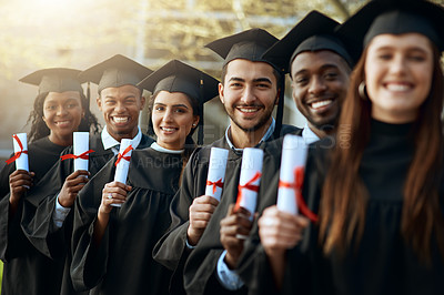 Buy stock photo Portrait, group and people with diploma for graduation celebration, education achievement and success. Excited, students and certificate, graduate together and learning goals for university ceremony