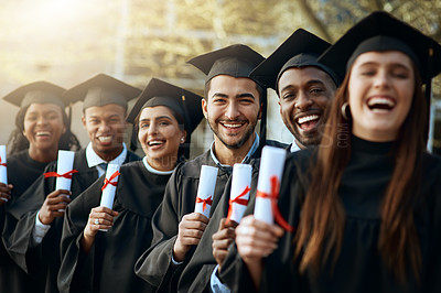 Buy stock photo Portrait, happy and people with diploma for graduation celebration, education achievement and success. Excited, students and certificate, graduate together and learning goals for university ceremony