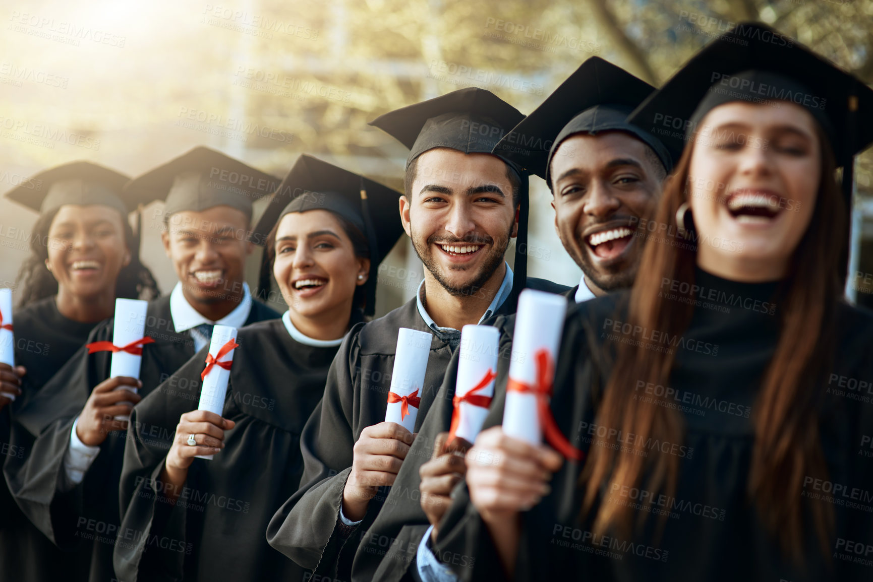 Buy stock photo Portrait, happy and people with diploma for graduation celebration, education achievement and success. Excited, students and certificate, graduate together and learning goals for university ceremony