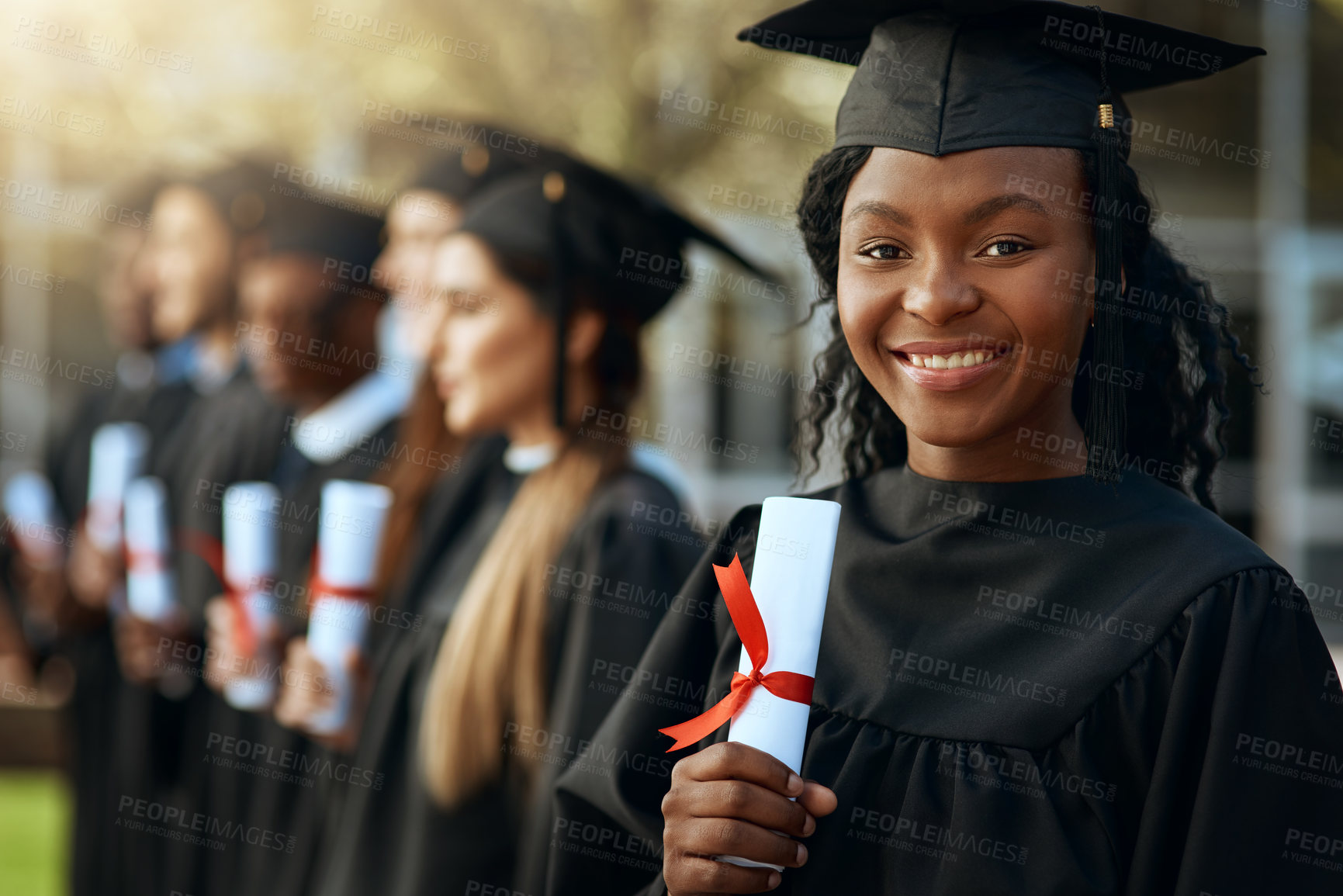 Buy stock photo Portrait, woman and student with diploma for graduation celebration, education achievement and success. Excited, people and certificate scroll, opportunity and learning goals for university ceremony