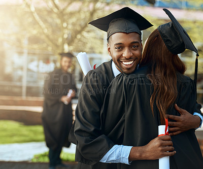 Buy stock photo Graduation, hug and students celebrating academic achievement or graduates together with joy on happy day and outdoors. Friends, certificate and african people embrace or success or diploma and hats 