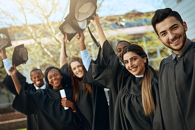 Buy stock photo University, graduation and hats off or group of students together with joy or celebrating academic achievement and outdoors. Certification, victory and happy scholars outside or diversity and robes 