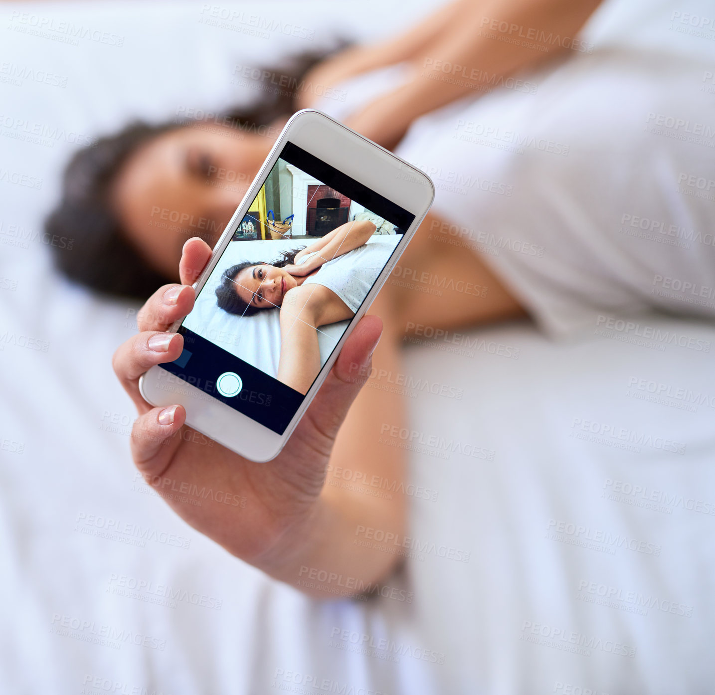 Buy stock photo Phone screen, selfie and woman on bed in home for relaxing, calm and resting in morning on weekend. Comfy, tech and female person with photography app for picture on smartphone in bedroom at house.