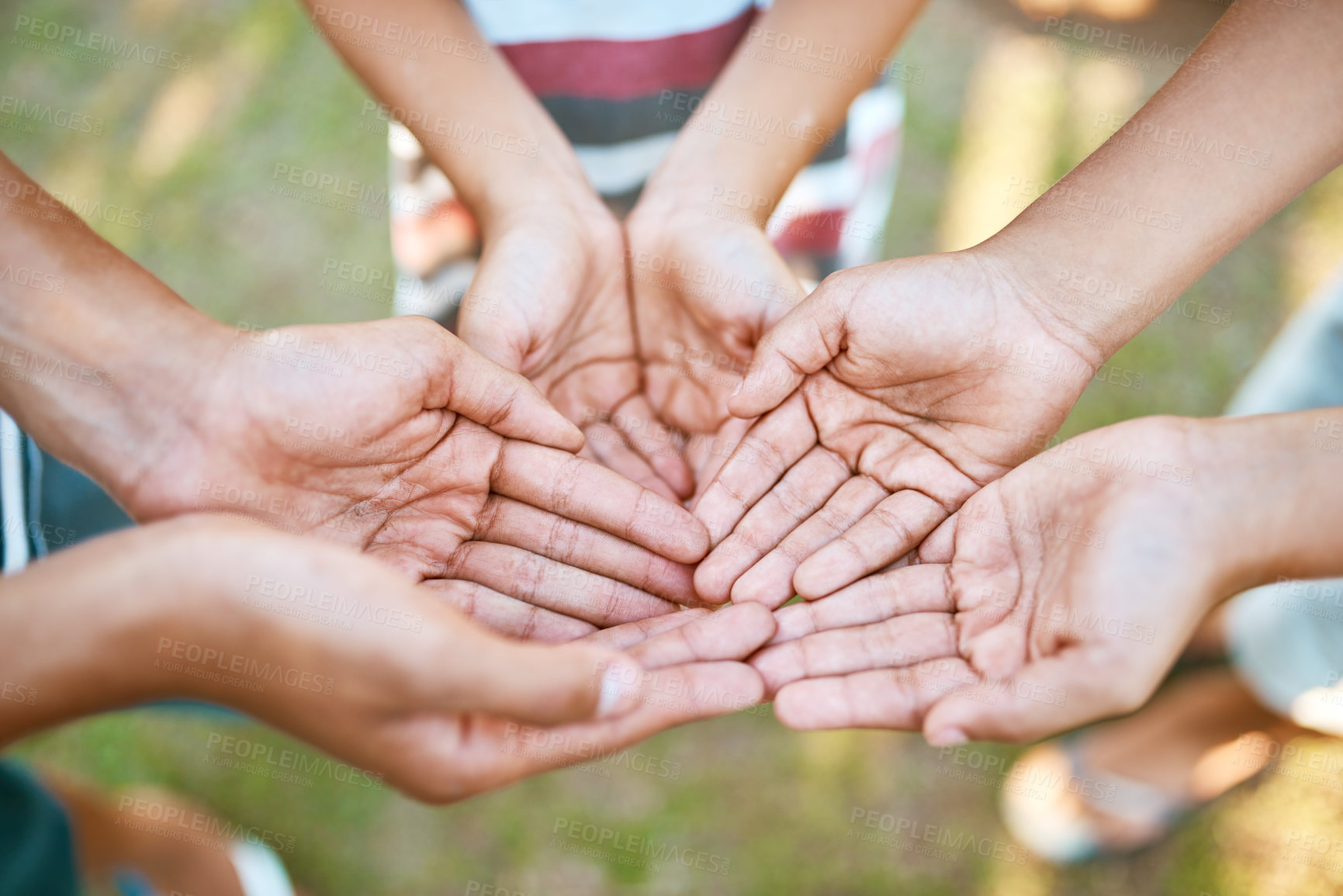 Buy stock photo Children, hands and palm for ask, holding and request for charity donation, crowdfunding and solidarity. People, poverty and outreach for homeless foundation, funding and ngo investment with support