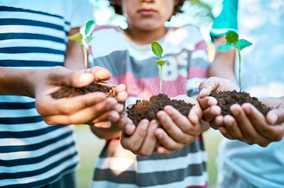 Buy stock photo Closeup shot of unrecognizable kids holding budding plants