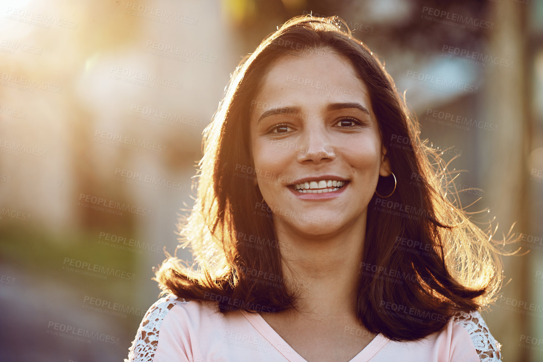 Buy stock photo Portrait, real estate and smile of woman on street of neighborhood in residential community. Face, happy and property with confident homeowner person outdoor on sidewalk for loan or mortgage