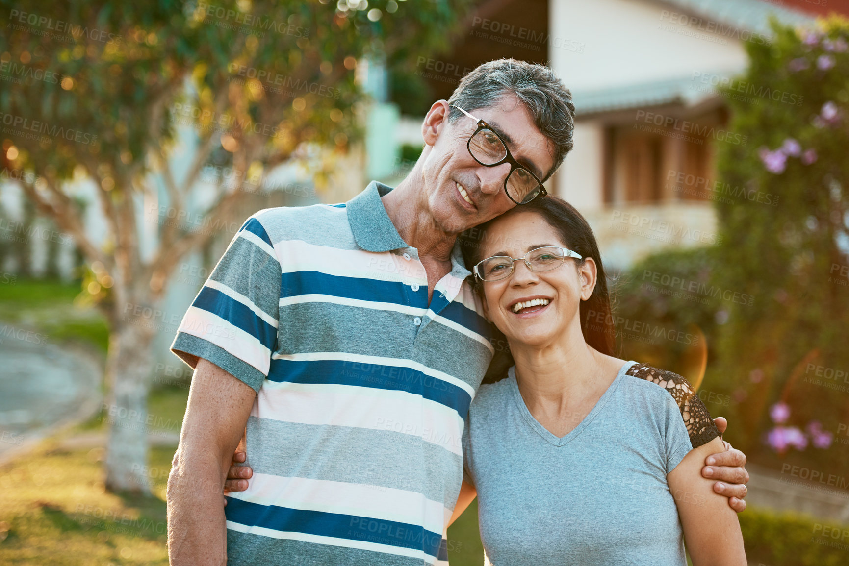 Buy stock photo Portrait, woman and man in garden of new home or real estate investment for happy couple on lawn. Mature people and bonding in backyard on property together with love, care and support in Philippines