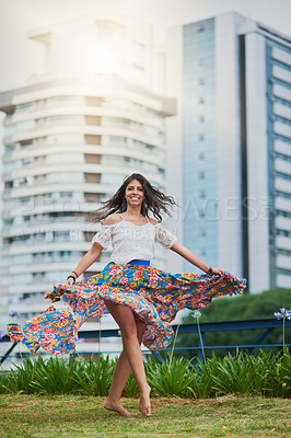 Buy stock photo Happy, woman dance and portrait with wild, freedom and urban park with smile outdoor with travel and vacation. Town, holiday and weekend with skirt flow and city with ballet and trip to New York