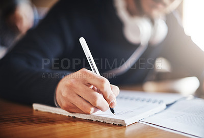 Buy stock photo Cropped shot of an unrecognizable male university student in class