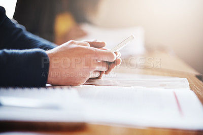 Buy stock photo Hands, person and student with smartphone for education, online research and information for quiz. Closeup, learner and cellphone with mobile app for studying materials, learning and book in college