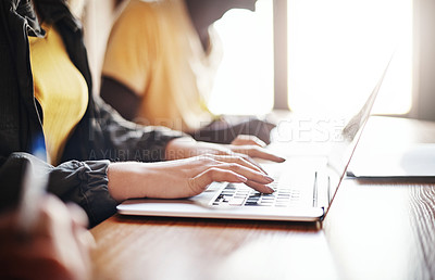 Buy stock photo School, class and hands of student on laptop for online research, studying and learning at college. University, academy and people on computer for typing project, assignment and notes for education