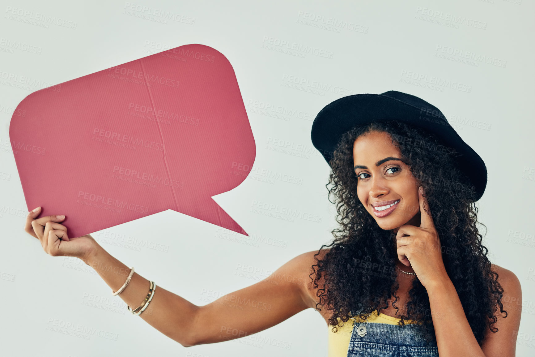 Buy stock photo Happy girl, portrait and thinking with speech bubble for question, notification or social media on a white studio background. Young female person with smile, shape or wonder for news on mockup space