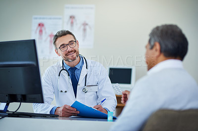 Buy stock photo Doctor, senior man and office consultation for healthcare service, writing notes and listening to health problem. Helping, advice and medical professional on folder, report and chart of patient care