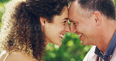 Buy stock photo Mature, couple and outdoor forehead touch in nature, romance and laugh together in England countryside. People, happiness and travel on vacation, profile and bonding on holiday for valentines day