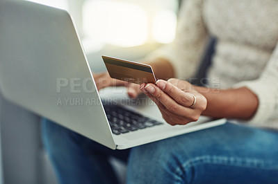 Buy stock photo Laptop, credit card and woman online shopping with payment on the internet on her home living room sofa. Ecommerce, computer and hands of person doing website payment on an app, connection or web
