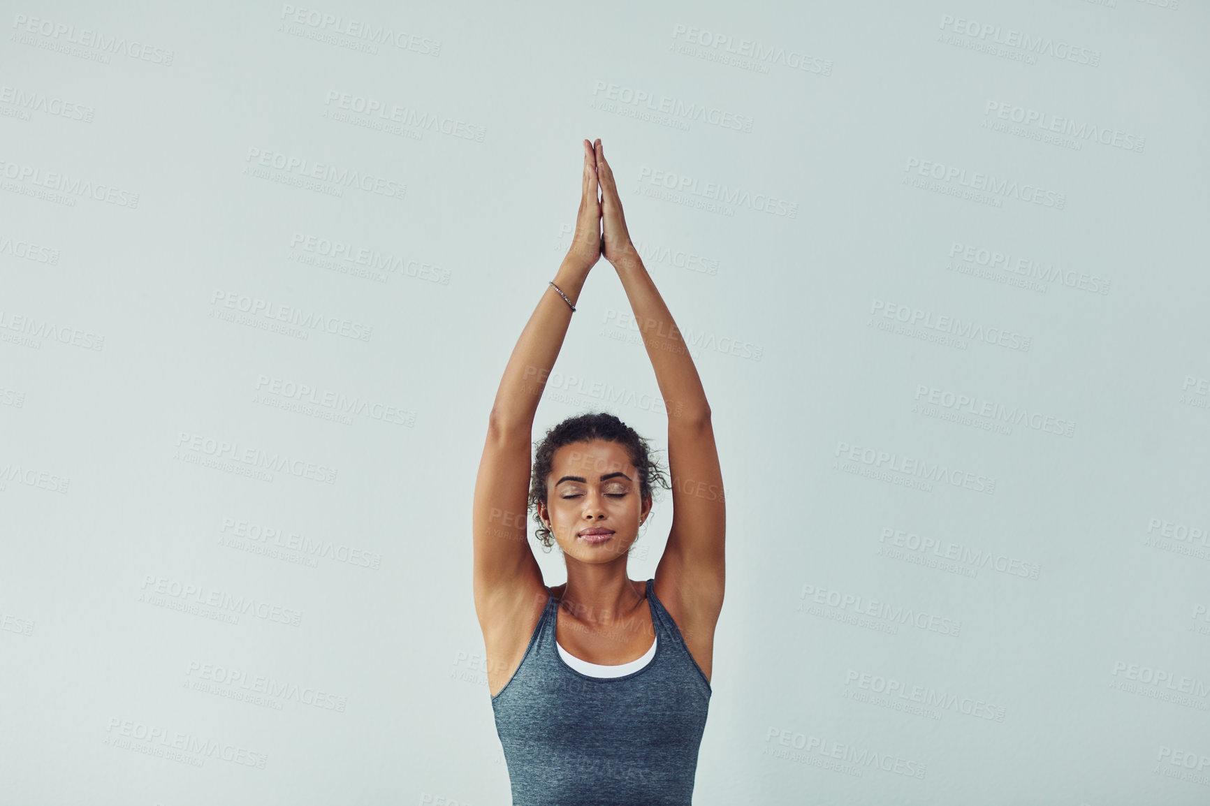Buy stock photo Yoga, meditation and woman on a white background for wellness, breathing exercise and healthy body. Fitness, zen mockup and female person meditate for calm, peace and relax for balance and wellbeing