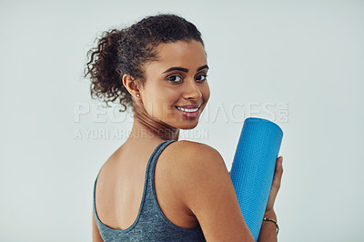 Buy stock photo Happy woman, portrait and fitness with yoga mat for exercise, health and wellness on a white studio background. Young, female person or yogi with equipment for workout training, practice or pilates