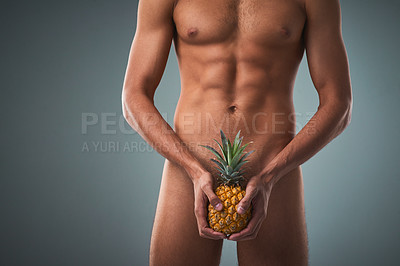 Buy stock photo Studio shot of an unrecognizable shirtless man posing against a grey background