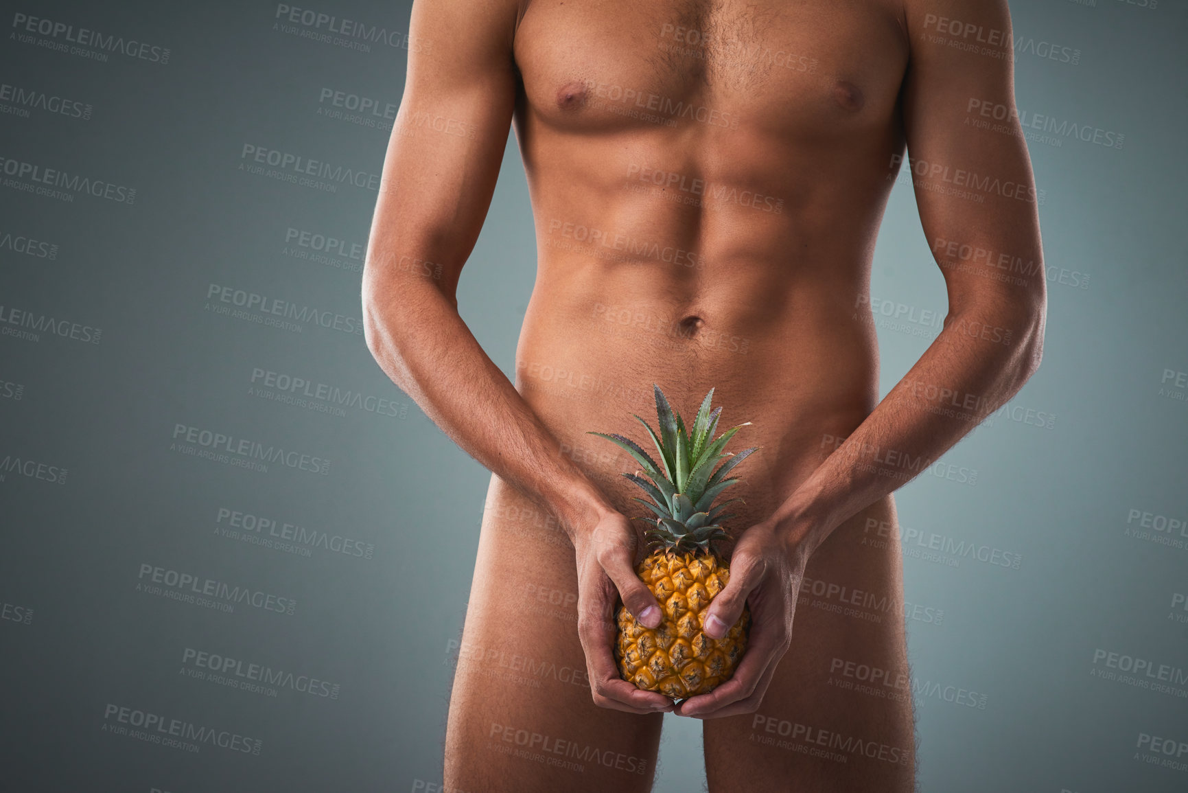 Buy stock photo Studio shot of an unrecognizable shirtless man posing against a grey background