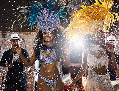 Buy stock photo Performance, women and dancing in night, samba and confident for party, carnival and costume for event. Festival, stage and person with talent, smile and dancer with rhythm, happy and Rio de Janeiro