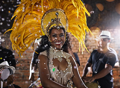 Buy stock photo Woman, portrait and carnival as samba performance with music, parade and costume for celebration. Dancer, happy and traditional outfit at night party with culture or band for event in rio de janeiro