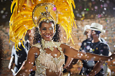Buy stock photo Portrait of a samba dancer performing in a carnival