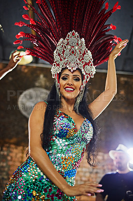 Buy stock photo Portrait, samba dancer and woman in city, carnival and happiness with celebration, smile and joy. Face, person and girl with creativity, outdoor pr excitement with costume, Rio de Janeiro or cheerful