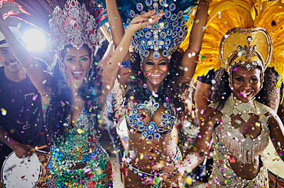 Buy stock photo Portrait of samba dancers performing in a carnival