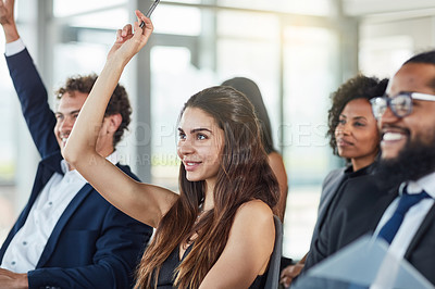 Buy stock photo Business woman, hands raised and questions at conference, seminar or meeting. Smile, audience and hand up for question, asking or answer, crowd vote and group training at workshop presentation event.
