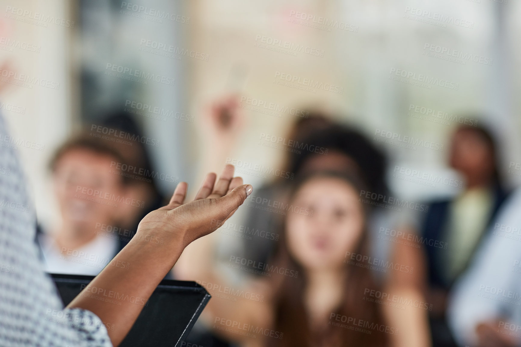 Buy stock photo Rearview shot of an unrecognizable businesswoman speaking at a business conference