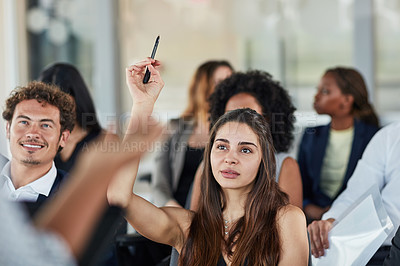 Buy stock photo Business woman, hand up and questions at seminar, conference or meeting. Audience, female person and hands raised for question, asking or answer, crowd vote and training at workshop presentation.