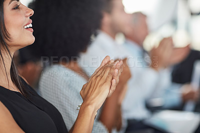 Buy stock photo Cropped shot of an attractive young businesswoman applauding during a seminar