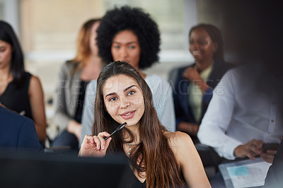 Buy stock photo Thinking, woman and smile in seminar, listening and audience in event, training and presentation in boardroom. Workshop, portrait and notes of conference, entrepreneurship and group for masterclass