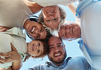 Buy stock photo Portrait, family and huddle together outdoor for love, support and bonding with generations. Face, father and mother with grandparents, child and happy people laughing below for connection in USA