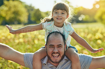 Buy stock photo Portrait, father and girl with airplane in park, connection or bonding together with smile outdoor. Family, dad and child with carry on shoulders, childhood game or playful on vacation in countryside