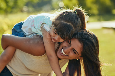 Buy stock photo Laughing, mother and child with piggyback in park, connection and bonding together with smile. Family, mom and girl with carrying for playful, support and happiness on vacation outdoor in Spain