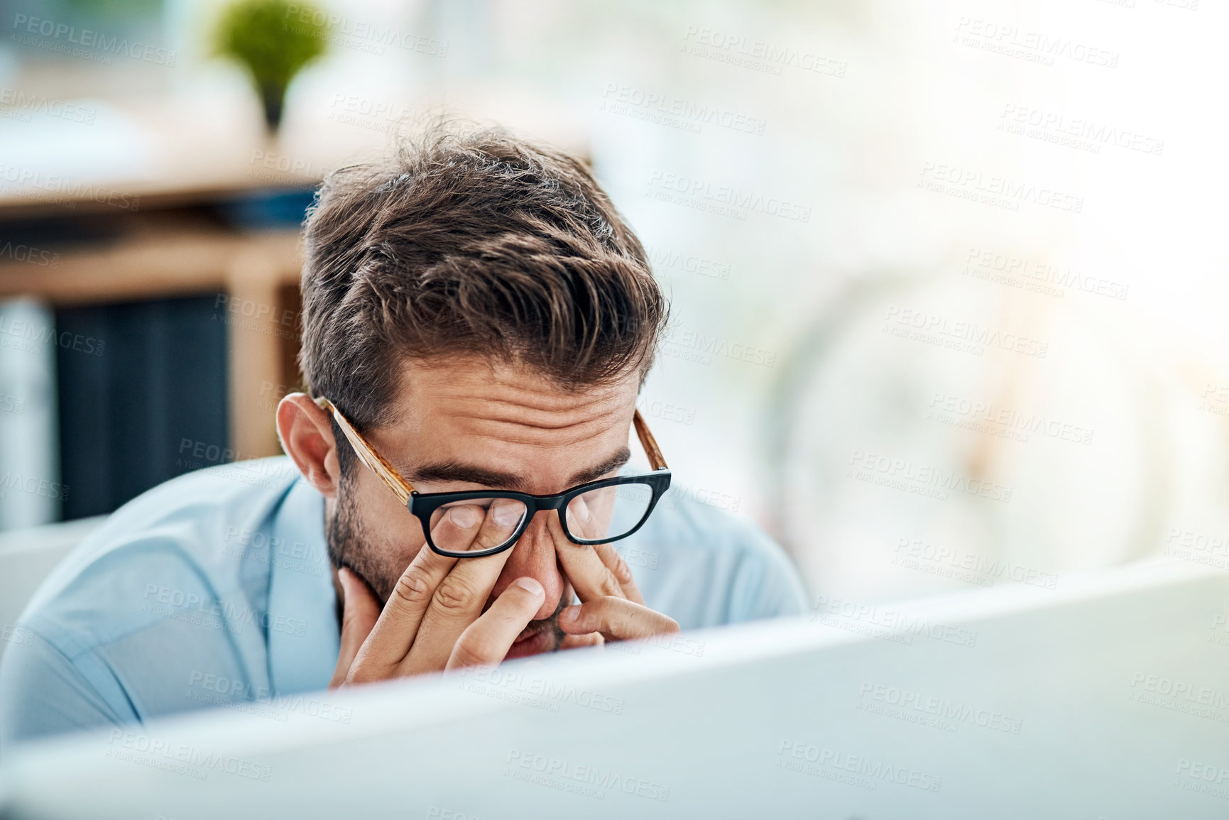 Buy stock photo Business man, headache and pain, tired or fatigue in office while working on pc. Burnout, migraine and male person with depression, vertigo or brain fog, anxiety or mental health, stress or problem.
