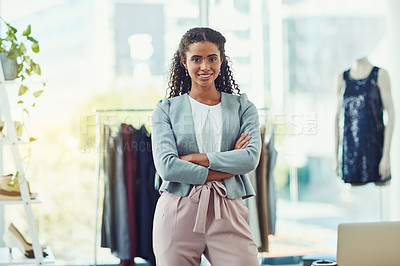 Buy stock photo Portrait, smile and woman in boutique, arms crossed and confident with fashion, clothes and business owner. Proud, stylist and person with store, creative and designer of trends and professional