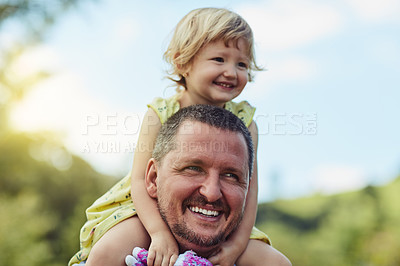 Buy stock photo Happy father, daughter and shoulder with ride for bonding, weekend or holiday in nature. Dad, child or little girl with smile in joy for playful summer, cheerful day or free time at outdoor park