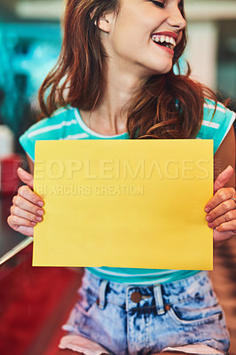 Buy stock photo Diner, happy girl and poster for advertising, promotion and billboard with discount in retro cafe. Paper, smile and customer in restaurant with sign, logo and brand in mockup space for announcement