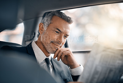 Buy stock photo Business man, reading newspaper and car for travel, journey or drive while thinking of news. Professional male person with media paper in passenger seat for work with luxury transportation or a taxi
