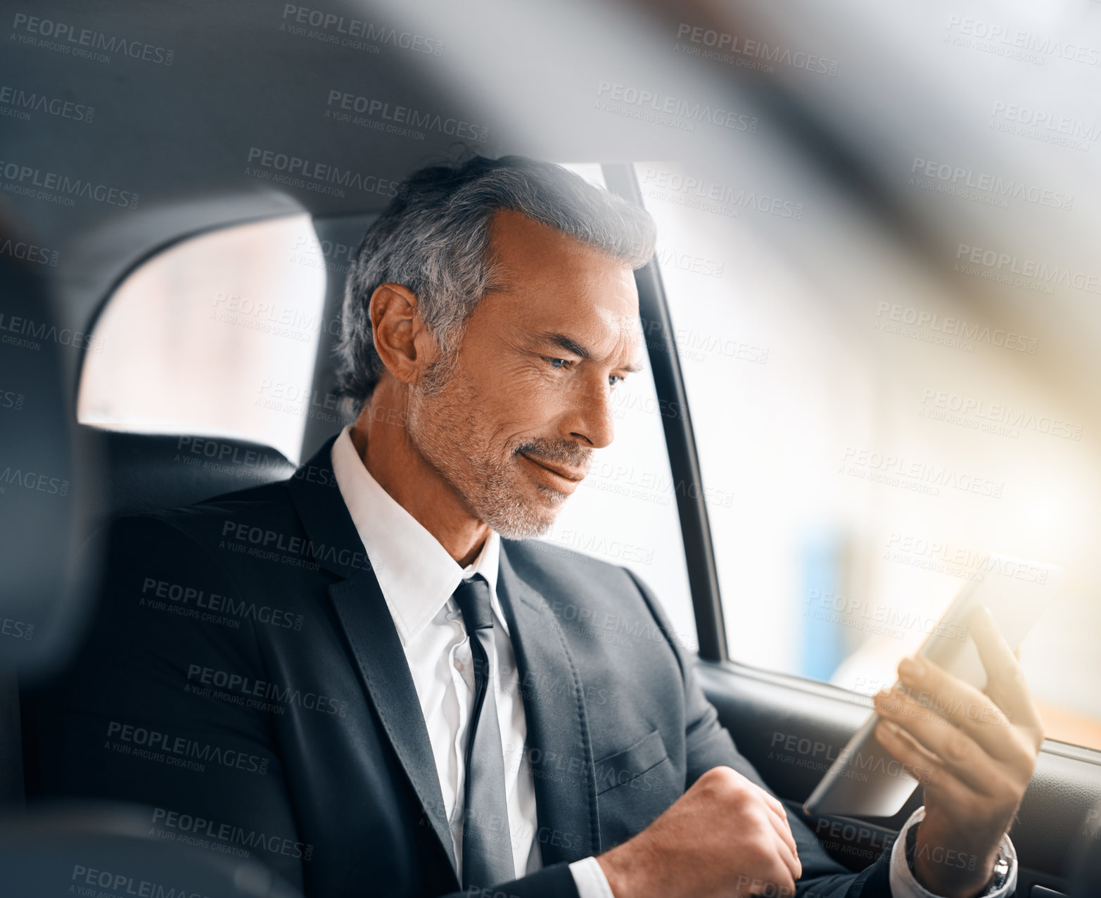 Buy stock photo Business man, tablet and car for travel, journey or drive while online for communication. Professional male person with tech and internet connection for work with luxury transportation or a taxi