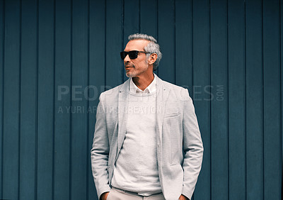 Buy stock photo Mature man, glasses and business fashion in city with confidence, style and luxury by building. Male professional, wealth and career on wall street in finance, management and corporate success