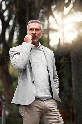 Buy stock photo Phone call, business and outdoor with mature man, conversation and communication. Person, entrepreneur and investor with smartphone, connection and discussion with network, nature and digital app